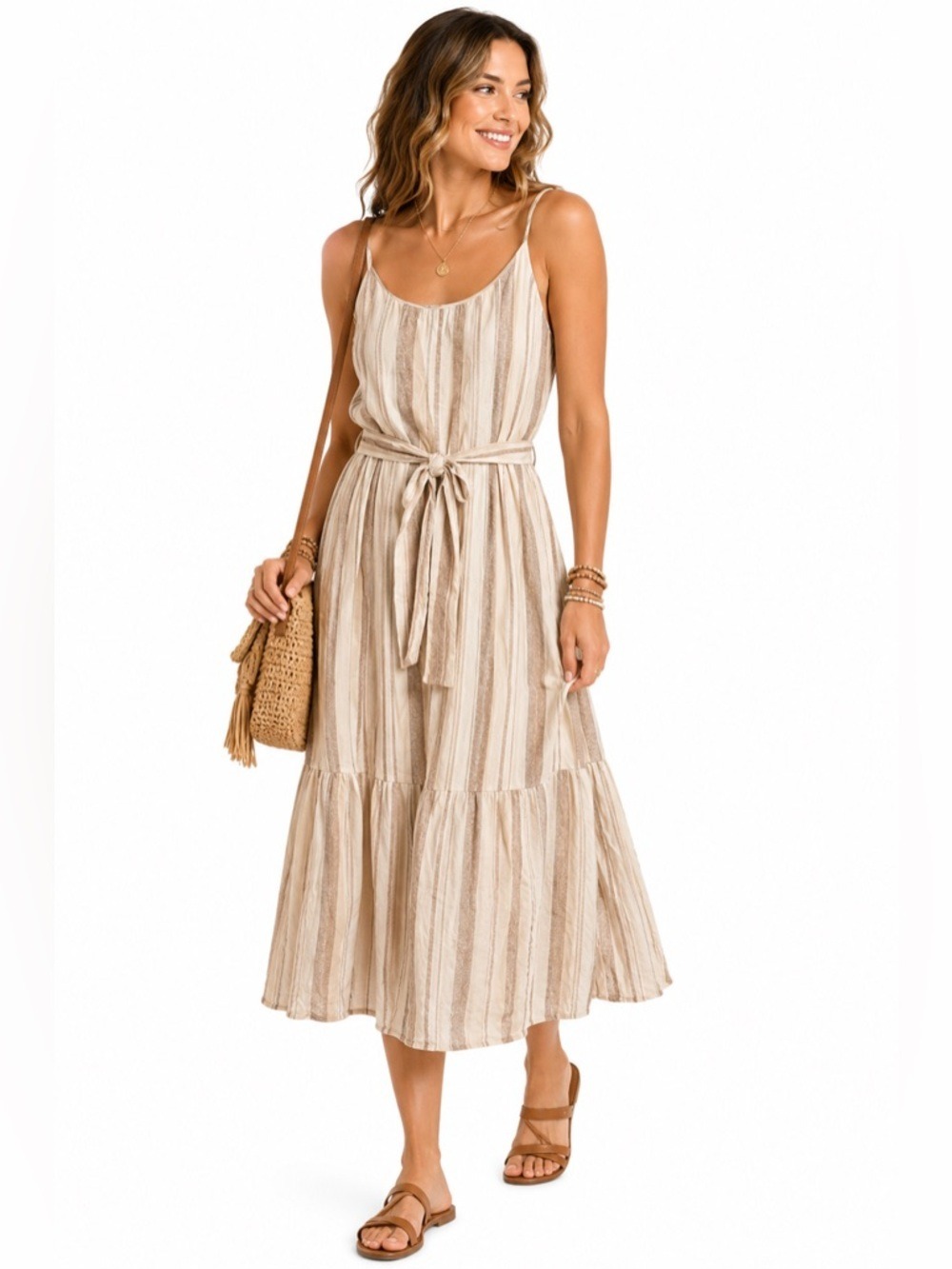 Moon River Boho Striped Maxi Dress Sleeveless Tie Waist Tiered Hem Neutral Tones